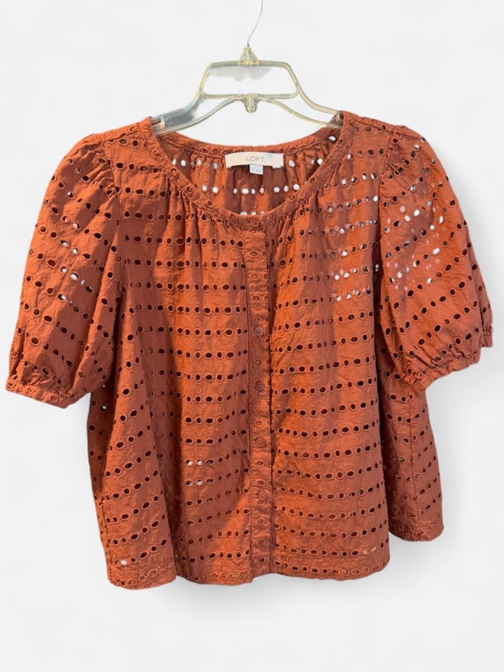 LOFT Rust Orange Eyelet Button-Front Puff Sleeve Blouse